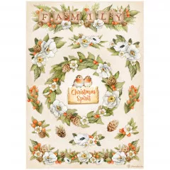 Stamperia Reispapier A4 mit Family Garlands Motiv: Weiße und orangefarbene Blüten, grüne Blätter, Zapfen, Rotkehlchen und Holzbuchstaben auf Creme-Hintergrund