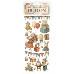 Stamperia Rub-On Family Party Transferbogen mit Teddybären, Ballons, Geschenken, Cupcakes und Wimpelketten