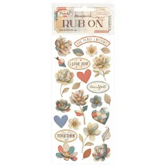 Stamperia Rub-on Transferbogen Family Patchwork Flowers mit Blüten, Herzen und Spruchbändern in Beige, Creme, Korall und Blau
