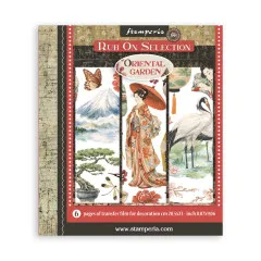 Stamperia Rub-On Selection Oriental Garden Verpackung mit Geisha, Fuji, Kranich und Bonsai, 6 Bögen