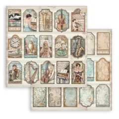 Stamperia Symphony Designpapier Tags mit Musikmotiven, Katzen und Blumen, Vorder- und Rückseite