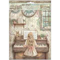 Verpackung Stamperia Symphony Reispapier Set A4 mit Mädchen am Klavier Motiv