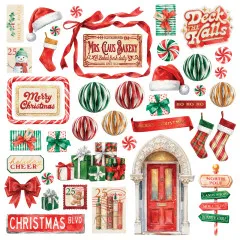 Stanzbogen mit Mrs. Claus Bakery, Deck the Halls, Haustür, Wegweiser North Pole und Geschenken