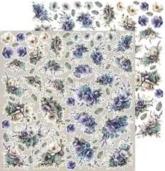 Weiterer Stanzbogen mit violett-blauen Rosen- und Hortensiensträußen