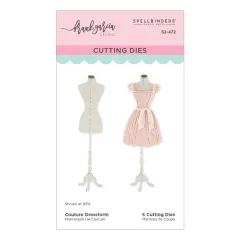 Verpackungsvorderseite mit Schneiderpuppen-Stanzform in Naturfarben und bekleideter Version im rosa Kleid mit Schleife, Couture Dressform