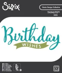 Verpackung der Thinlits-Stanzform mit dem Schriftzug „Birthday Wishes" in Petrol und Olivgrün.