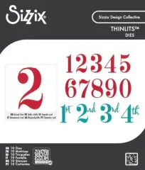 Verpackung der Thinlits-Stanzform mit Ziffern 1-9-0 in Rot und Ordnungszahlen 1st-4th in Petrol, inklusive Größenvergleich.