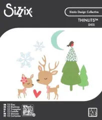 Verpackung der Thinlits-Stanzform mit winterlicher Reh-Szene: Rehmutter und Kitz, Mond, Rotkehlchen auf Tannenbaum, Schneeflocken und Herz.
