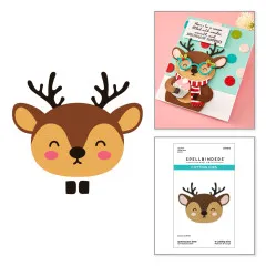 Weihnachtskarte mit Hirsch-Figur, Brille, Cupcake und Schriftzug „SPECTACULAR SURPRISES“