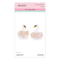 Verpackungsvorderseite mit zwei kolorierten Schwan-Stanzformen mit Schleife in Pastellfarben, Keepsake Swans