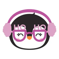 Zusammengesetzter Pinguinkopf mit rosa Ohrenschützern und lila Brille als Einzelmotiv