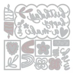 Umriss aller Buchstaben- und Motiv-Stanzformen: Kuchen, Herz, Schmetterling, Regenbogen und Schriftzüge