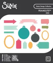 Verpackung der Framelits-Stanzformen mit bunten Banderolen, Tags, Rahmen und Sprechblasen in Pink, Petrol und Senfgelb.