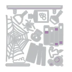 Graue Detailansicht der Stanzformen für Laborflaschen, Bücher, Totenkopf, Spinnennetz und Spinne
