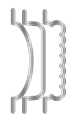 Drei Registerstanzformen in unterschiedlichen Randformen aus Metall.