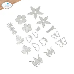 Foto des Stanzformen-Sets mit Akelei-Blüten, Sternblume, Blättern und Schmetterlingsflügel-Dies.