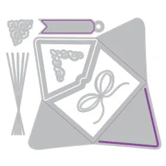 Übersicht der 8 silbernen Sizzix Thinlits Stanzschablonen für Umschläge und Dekorationen