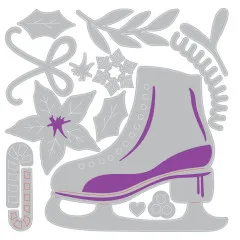 Graue Umrisse der Einzelstanzen: Schlittschuh, Weihnachtsstern-Zweig, Mistelzweig, Schneeflocke und Schleife
