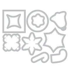 Graue Umrisse der zugehörigen Stanzformen in Quadrat-, Kreis-, Glocken-, Blütenblatt- und Zuckerstangenform