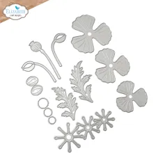 Foto des Stanzformen-Sets mit drei Mohnblüten in unterschiedlichen Größen, Knospen, Blättern und Samenkapseln.