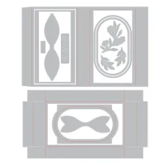 Legende der 13 Einzelstanzen: Boxzuschnitt, Bogenrahmen mit Blütenranke, Schleife und kleine Blütenapplikationen.