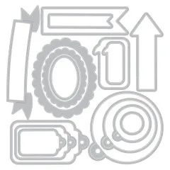 Grafische Darstellung aller enthaltenen Stanzformen: Banderolen, ovale und geschwungene Rahmen, Tags, Kreise und Sprechblasen.