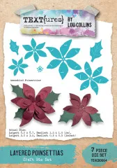 Verpackung des 7-teiligen Stanzform-Sets Layered Poinsettias mit Abbildung der Einzelformen und zusammengesetzter 3D-Weihnachtssterne.