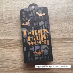 Schwarzer Anhänger mit kupferfarben geprägtem Schriftzug „Happy Halloween" und Fledermaus-Motiven vor dunklem Spinnennetz-Muster.