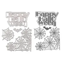 Gegenüberstellung der silbernen Stanzschablonen und der resultierenden grauen Stanzformen: Schriftzug „Happy Halloween", Spinnennetze und Fledermaus.