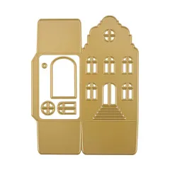 Goldene Stanzschablonen für 3D-Häuschen mit Glockengiebel, Fenstern, Tür und Treppe