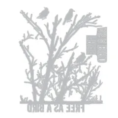 Alle vier Stanzschablonen: Baum-Silhouette, zwei einzelne Vögel und Schriftzug Free as a Bird