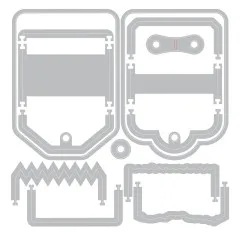Stanzschablonen des Sets: zwei Tag-Grundformen, Lochverstärkung, Zickzack- und gerissene Unterkante
