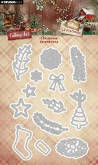 Stanzschablonen-Set mit Zweigen, Schneeflocken, Schleife, Sternen, Stiefel, Zapfen und Weihnachtsbaum als graue Umriss-Formen.