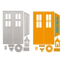 9 Metall-Stanzschablonen Christmas Door neben orangefarbenen Papierausschnitten von Tür, Kranz, Laterne und Brief