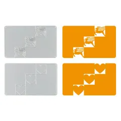 Stanzschablonen für Triple Step Card neben dem dazugehörigen ausgestanzten Papier in Orange.