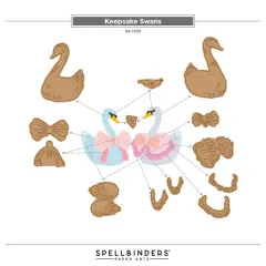 Beschriftetes Übersichtsdiagramm aller 13 Einzelstanzteile (Schwankörper, Hälse, Schleifen, Flügel, Zubehör) der Keepsake-Swans-Serie