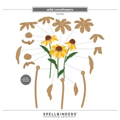 Beschriftetes Übersichtsdiagramm aller 16 Einzelstanzteile (Blüten, Blütenmitten, Blätter, Stiele) mit Hinweis zum freien Kombinieren von Stielen und Blättern