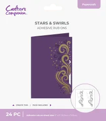 Verpackung der Cut in Edge Stars & Swirls Klebe-Rub-Ons mit lila Grußkarte und goldenem Sternen-Schnörkelmotiv