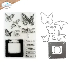 Stempel- und Stanzform-Bogen mit Umriss-Stanzformen für Schmetterlinge, Vogel und Libelle