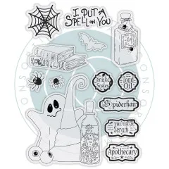 Grau schattierte Stempelabdruck-Vorschau aller 13 Motive des Sets Hocus Pocus - Spell Book (Zauberbücher, Geist, Fläschchen, Etiketten)