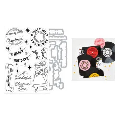 Unkolorierter Stempelbogen neben einer Beispielkarte aus gestapelten, glitzernden Schallplatten mit weihnachtlichen Grußtexten.