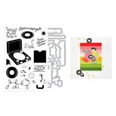 Unkolorierter Stempelbogen neben einer bunten Beispielkarte mit Plattenspieler-Motiv und Schriftzug 'Rock Out'.