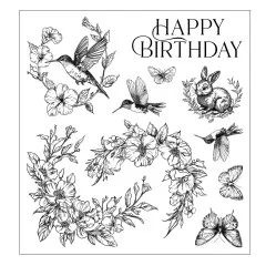 Unkolorierte Stempelmotive: Kolibris, Blütenkränze, Schmetterlinge, Hase und Schriftzug 'Happy Birthday'