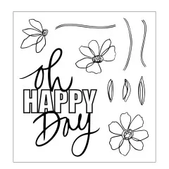 Unkolorierte Stempelmotive: Blüten, Blätter und der Schriftzug 'Oh Happy Day'