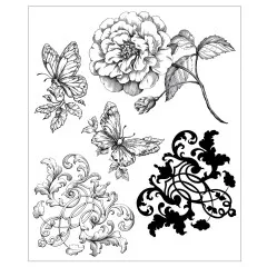 Schwarzweiß-Abbildung der Stempelmotive: zwei Schmetterlinge, eine Rose und zwei Ornament-Ranken