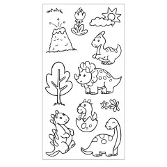 Schwarzweiß-Abbildung der Stempelmotive: verschiedene Dinosaurier, Vulkan, Baum, Sonne und Wolke
