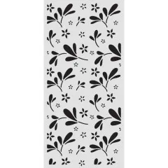 Detailansicht Stamperia Thick Stencil mit großem Blumenmuster, schwarze Blüten und Blätter auf grauem Hintergrund