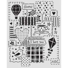 Stamperia Thick Stencil Family Patchwork Detailansicht mit Heißluftballon, Kaktus, Teeglas, Kite, Herzen und Patchwork-Mustern