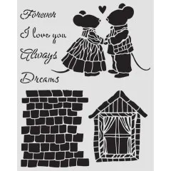 Stencil-Motiv mit Mäusefamilie, Liebeserklärung, Backsteinmauer und Fensterhaus in Schwarz auf weißem Kunststoff