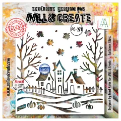 Schablone PC-271 Autumn Glow mit Häusern, kahlen Bäumen, Kürbissen und fallenden Blättern, Hintergrund bunt eingefärbt